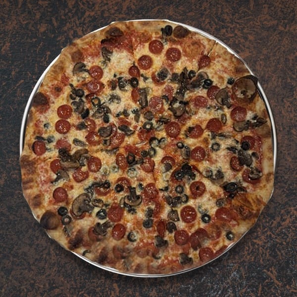 A whole pepperoni, mushroom, and black olive pizza on a metal tray.