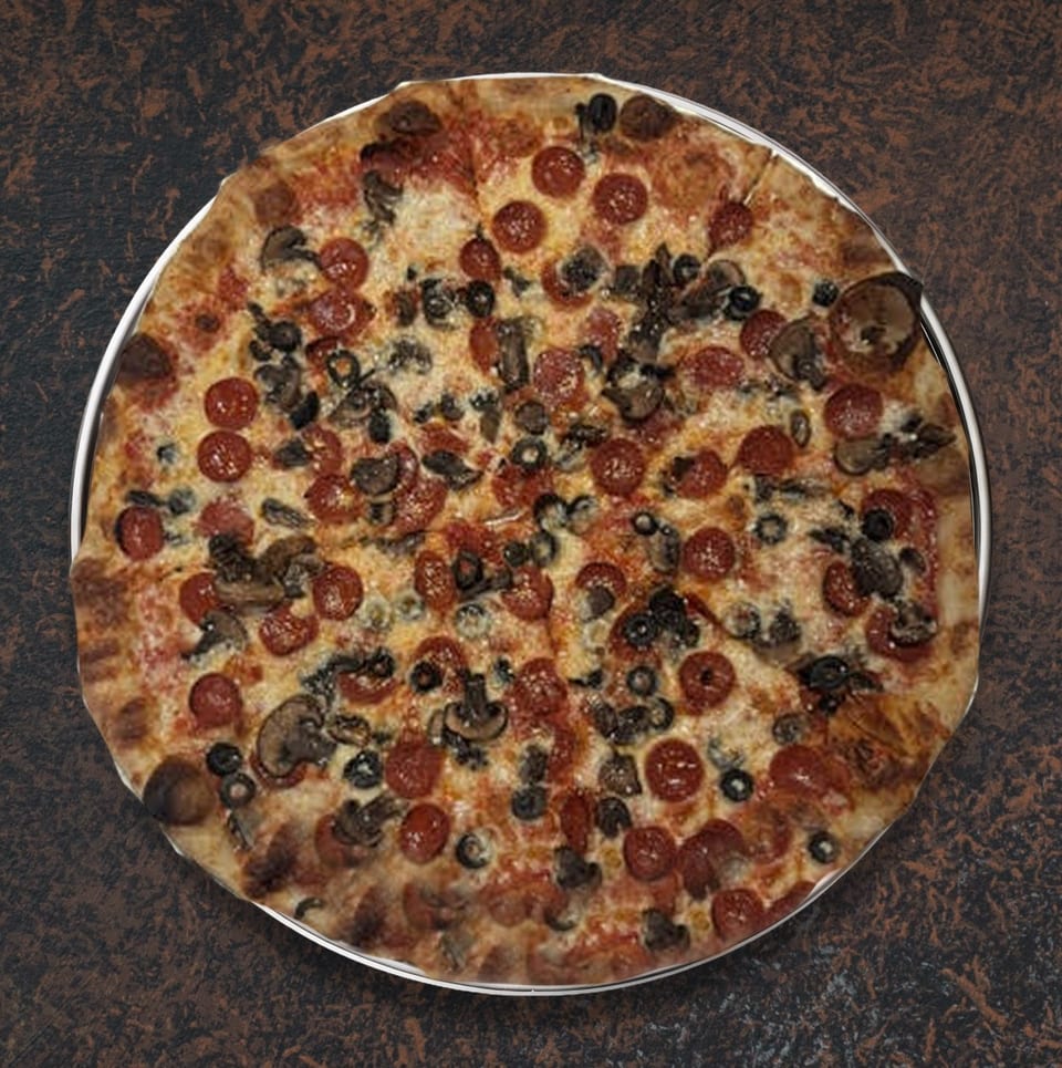A whole pepperoni, mushroom, and black olive pizza on a metal tray.