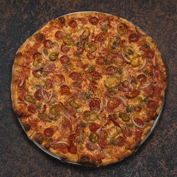 A whole pepperoni pizza with red onions, green peppers, and sausage on a dark background.