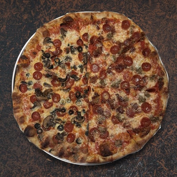 A whole pizza with half pepperoni, mushroom, and olive, and half pepperoni and sausage.