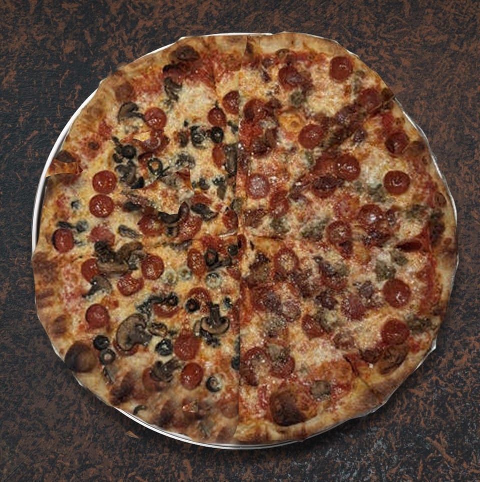 A whole pizza with half pepperoni, mushroom, and olive, and half pepperoni and sausage.