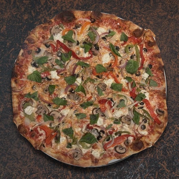 A whole vegetarian pizza with mushrooms, peppers, onions, olives, and basil on a dark surface.
